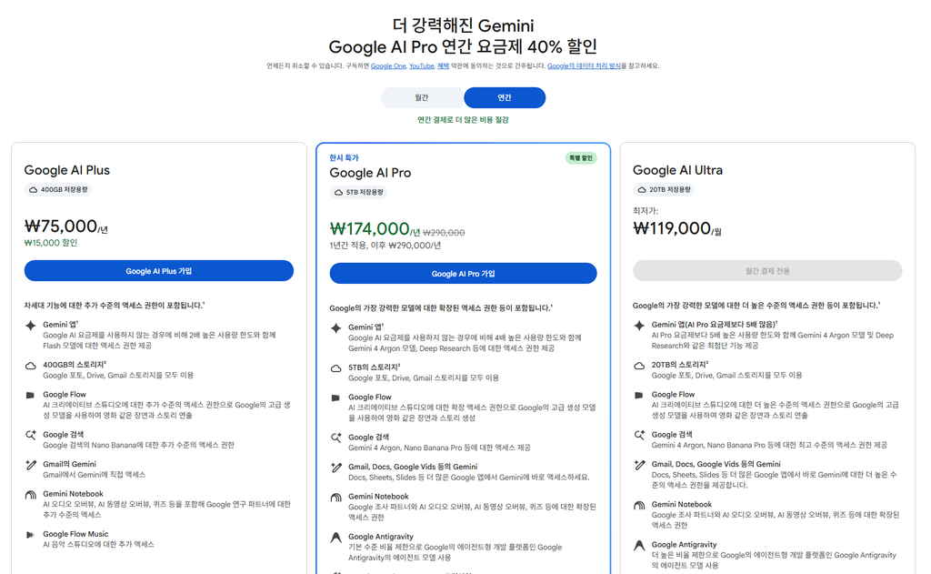 구글 원 요금제 페이지의 AI 프로 연간 할인 가격